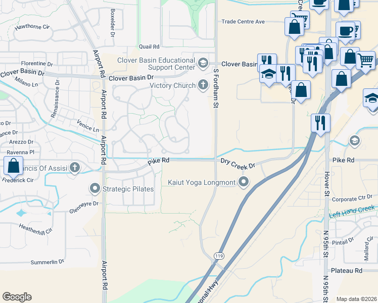 map of restaurants, bars, coffee shops, grocery stores, and more near 3501 Larkspur Drive in Longmont