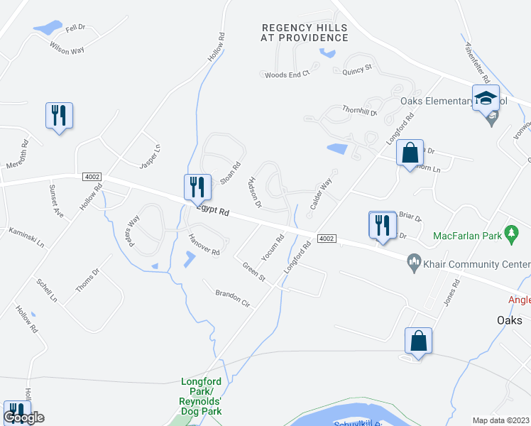 map of restaurants, bars, coffee shops, grocery stores, and more near 128 Hudson Drive in Phoenixville