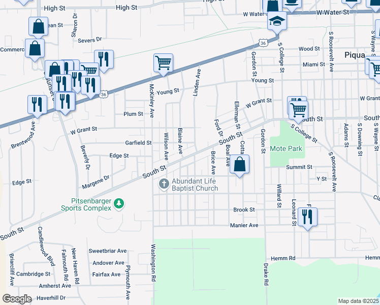 map of restaurants, bars, coffee shops, grocery stores, and more near 1110 South Street in Piqua