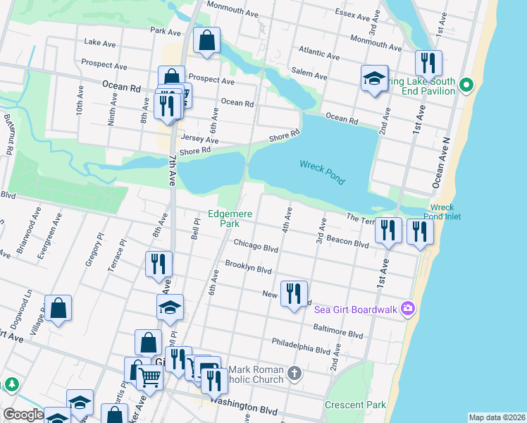 map of restaurants, bars, coffee shops, grocery stores, and more near 5 4th Avenue in Sea Girt