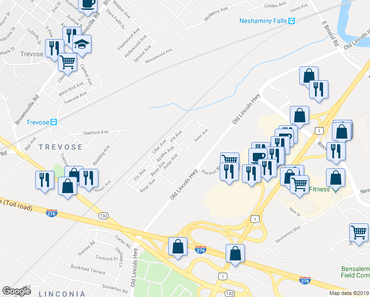 map of restaurants, bars, coffee shops, grocery stores, and more near 3565 Aster Avenue in Feasterville-Trevose