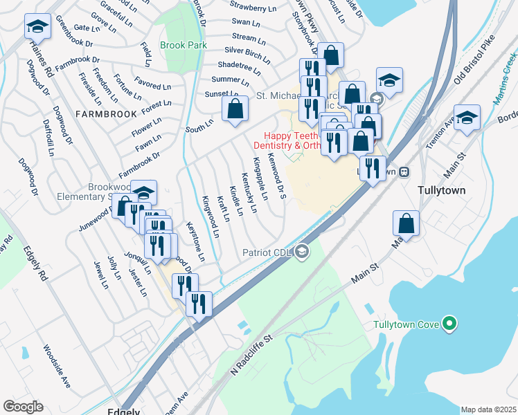 map of restaurants, bars, coffee shops, grocery stores, and more near 34 Kentucky Lane in Levittown
