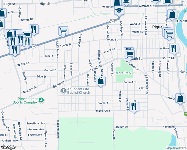 map of restaurants, bars, coffee shops, grocery stores, and more near 520 Boal Avenue in Piqua