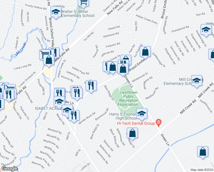 map of restaurants, bars, coffee shops, grocery stores, and more near 5 Blue Ridge Drive in Levittown