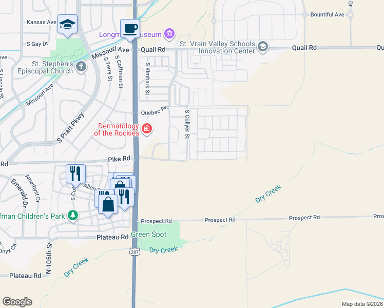 map of restaurants, bars, coffee shops, grocery stores, and more near 1400 South Collyer Street in Longmont