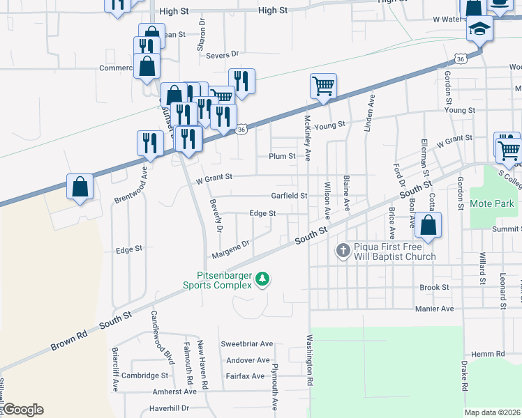 map of restaurants, bars, coffee shops, grocery stores, and more near 1526 Edge Street in Piqua