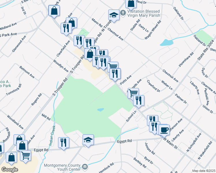 map of restaurants, bars, coffee shops, grocery stores, and more near 10 Rose Avenue in Norristown