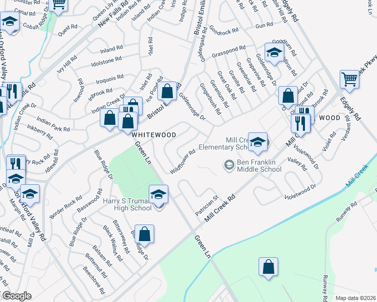 map of restaurants, bars, coffee shops, grocery stores, and more near 85 Wildflower Road in Levittown