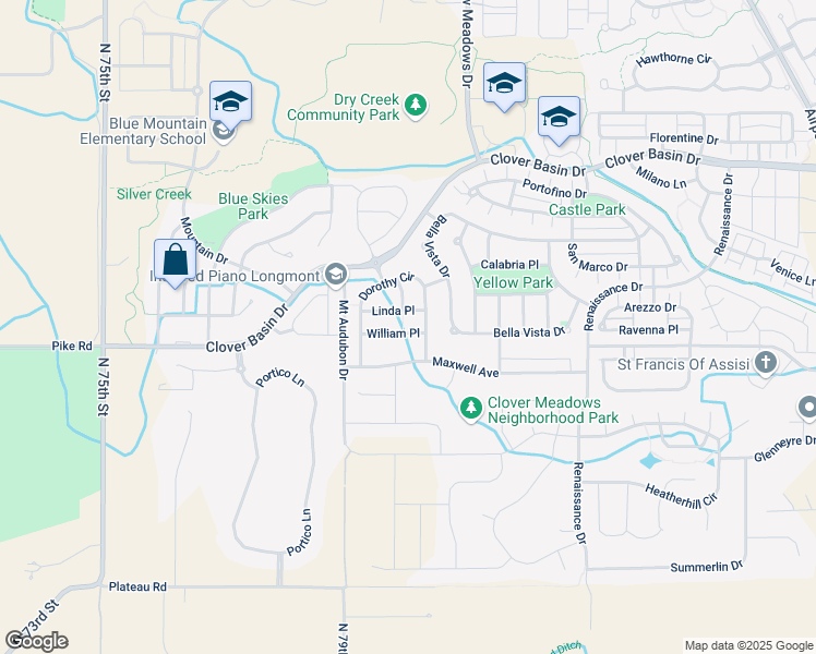 map of restaurants, bars, coffee shops, grocery stores, and more near 5012 William Place in Longmont