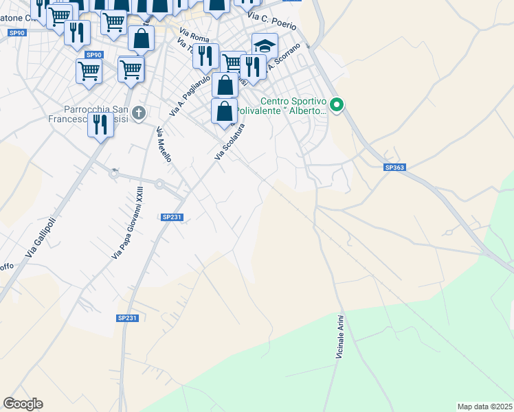 map of restaurants, bars, coffee shops, grocery stores, and more near 26 Strada Comunale Castello Forcignano in Provincia di Lecce