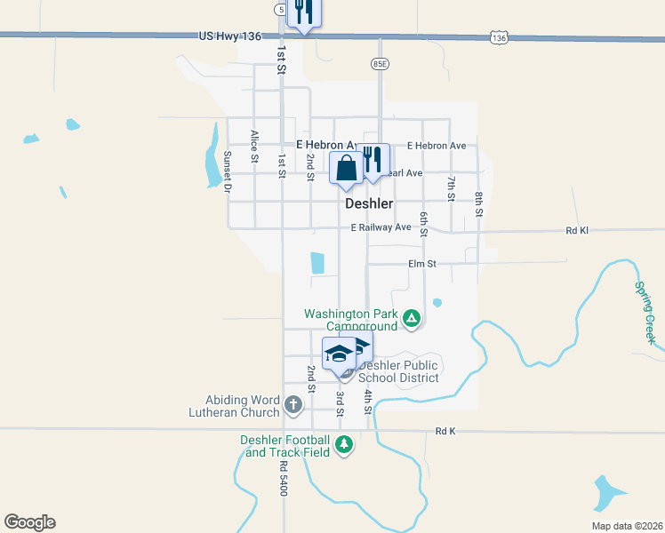 map of restaurants, bars, coffee shops, grocery stores, and more near 907 3rd Street in Deshler