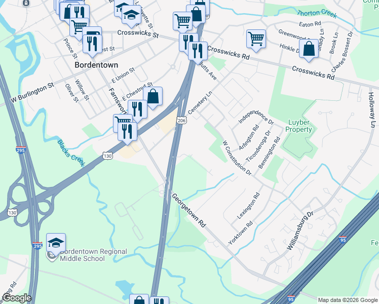 map of restaurants, bars, coffee shops, grocery stores, and more near 1021 U.S. 206 in Fieldsboro