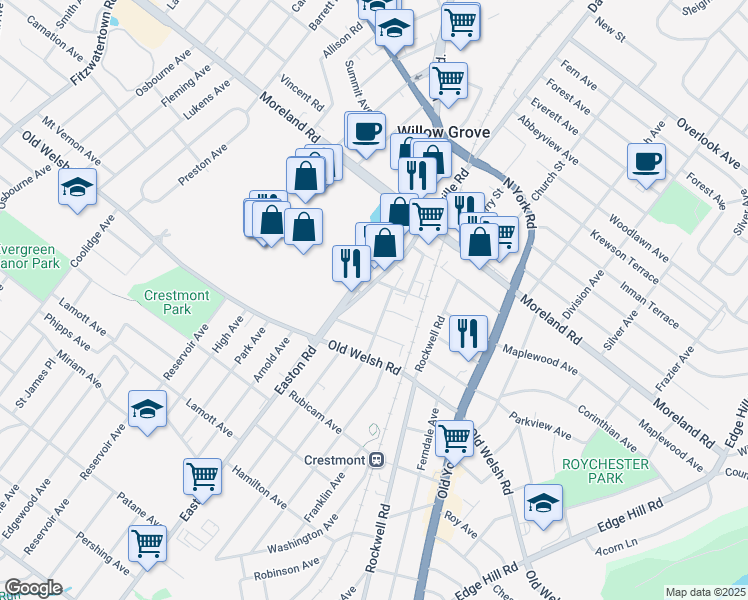 map of restaurants, bars, coffee shops, grocery stores, and more near 1847 Davisville Road in Willow Grove