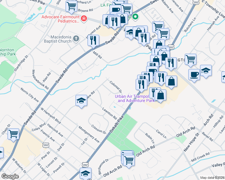 map of restaurants, bars, coffee shops, grocery stores, and more near 105 Valley View Road in Norristown