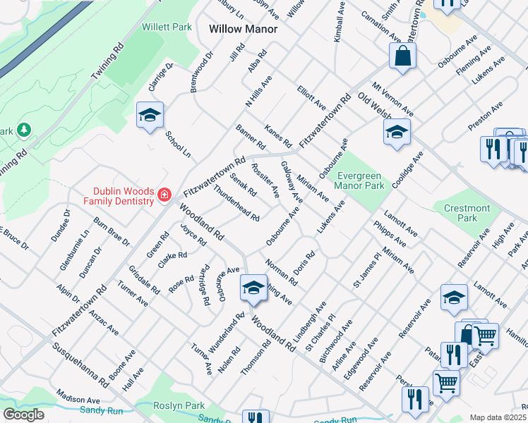 map of restaurants, bars, coffee shops, grocery stores, and more near 1480 Bluejay Road in Abington
