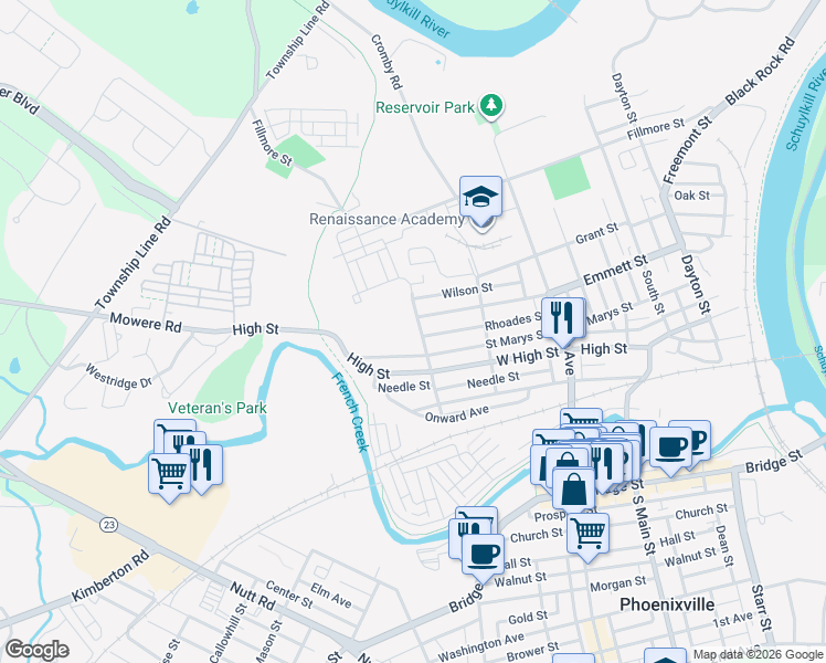 map of restaurants, bars, coffee shops, grocery stores, and more near 590 Taylor Street in Phoenixville