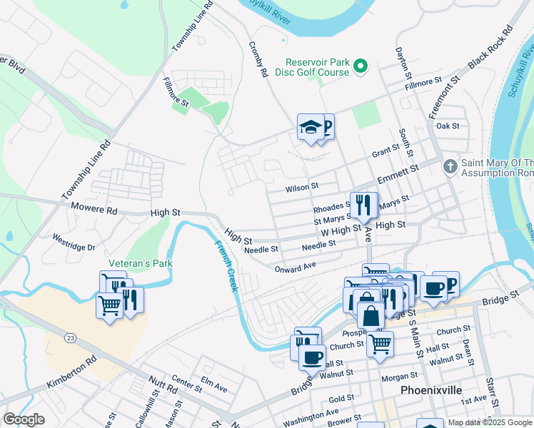 map of restaurants, bars, coffee shops, grocery stores, and more near 590 Taylor Street in Phoenixville