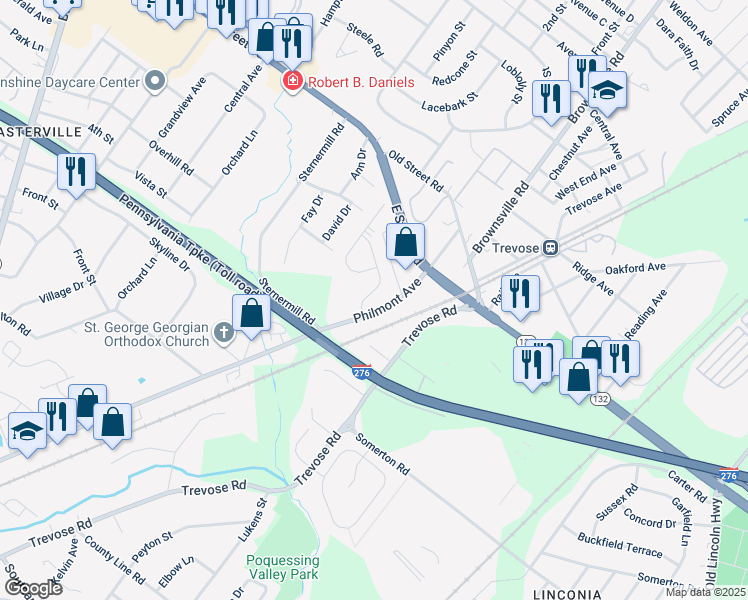 map of restaurants, bars, coffee shops, grocery stores, and more near 3 Brinkmanns Way in Feasterville Trevose