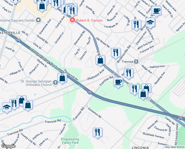 map of restaurants, bars, coffee shops, grocery stores, and more near 3 Brinkmanns Way in Feasterville Trevose