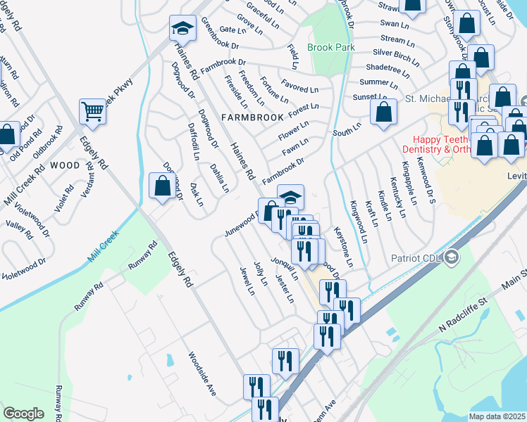 map of restaurants, bars, coffee shops, grocery stores, and more near 200 Junewood Drive in Levittown