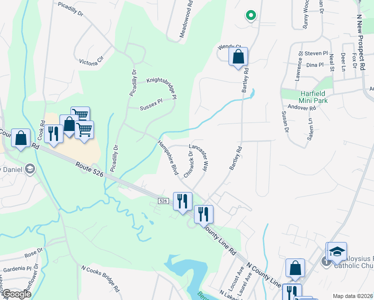 map of restaurants, bars, coffee shops, grocery stores, and more near 26 Lancaster Way in Jackson Township