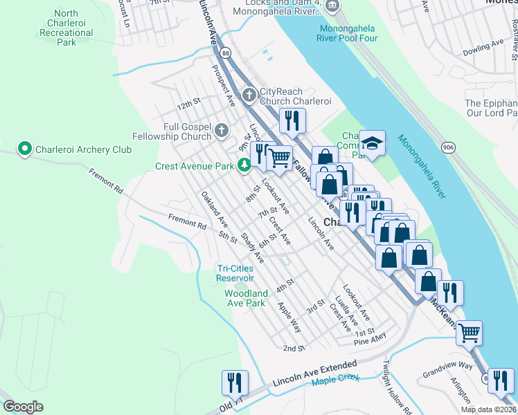map of restaurants, bars, coffee shops, grocery stores, and more near 705 Crest Avenue in Charleroi