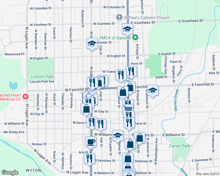 map of restaurants, bars, coffee shops, grocery stores, and more near 900 North Franklin Street in Danville