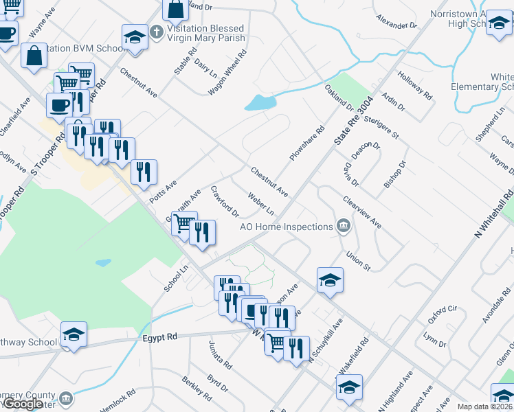 map of restaurants, bars, coffee shops, grocery stores, and more near 59 Crawford Drive in Norristown