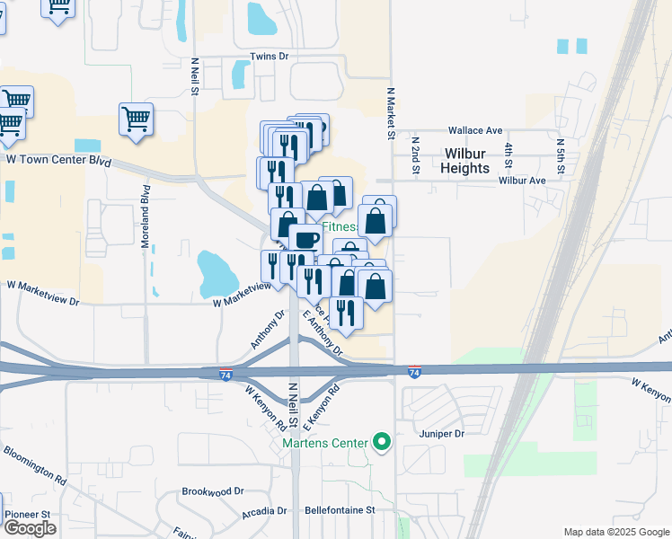map of restaurants, bars, coffee shops, grocery stores, and more near 109 Convenience Center Road in Champaign