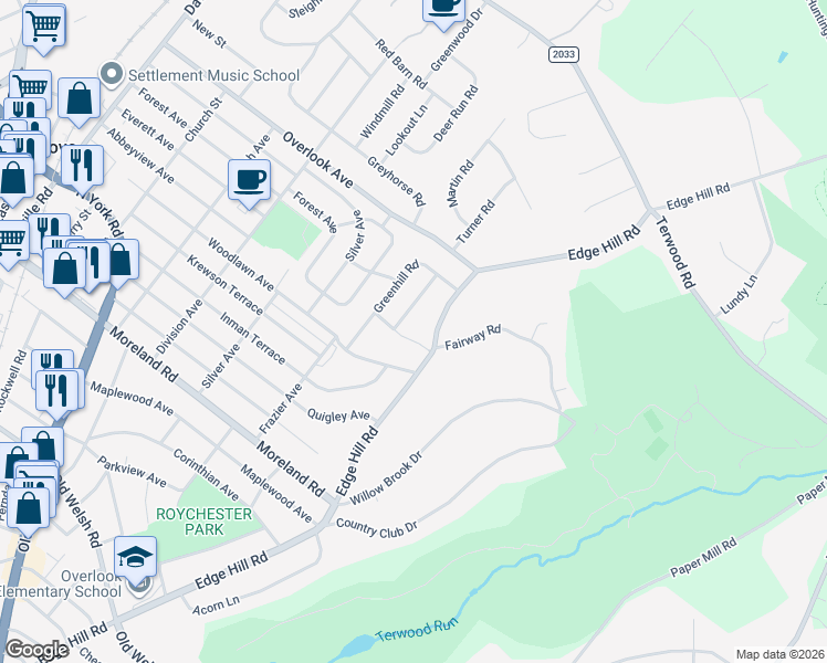 map of restaurants, bars, coffee shops, grocery stores, and more near 511 Woodcrest Road in Willow Grove