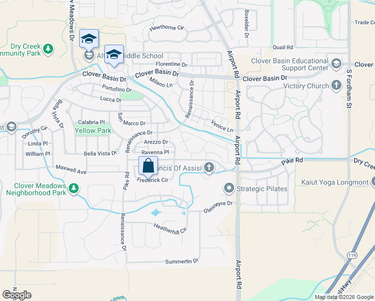 map of restaurants, bars, coffee shops, grocery stores, and more near 4014 Arezzo Drive in Longmont
