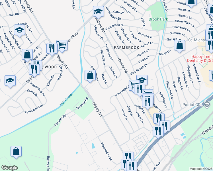 map of restaurants, bars, coffee shops, grocery stores, and more near 17 Disk Lane in Levittown