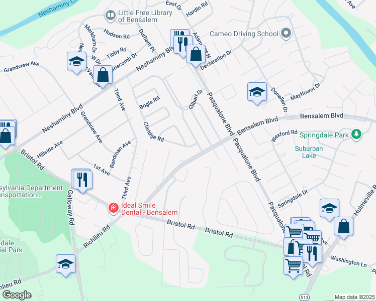 map of restaurants, bars, coffee shops, grocery stores, and more near 3321 Claridge Road in Bensalem