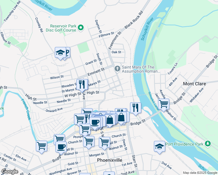 map of restaurants, bars, coffee shops, grocery stores, and more near 201 High Street in Phoenixville