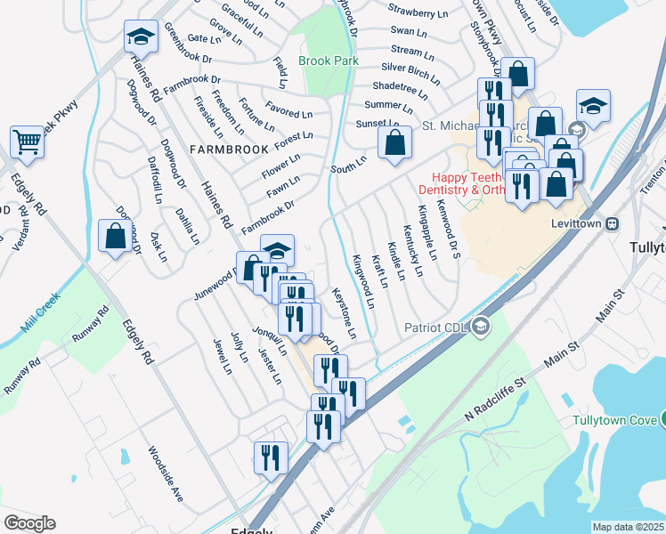 map of restaurants, bars, coffee shops, grocery stores, and more near 48 Kenwood Drive North in Levittown