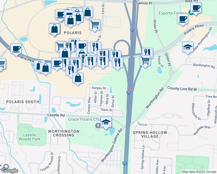 map of restaurants, bars, coffee shops, grocery stores, and more near 1562 Sargas Street in Columbus