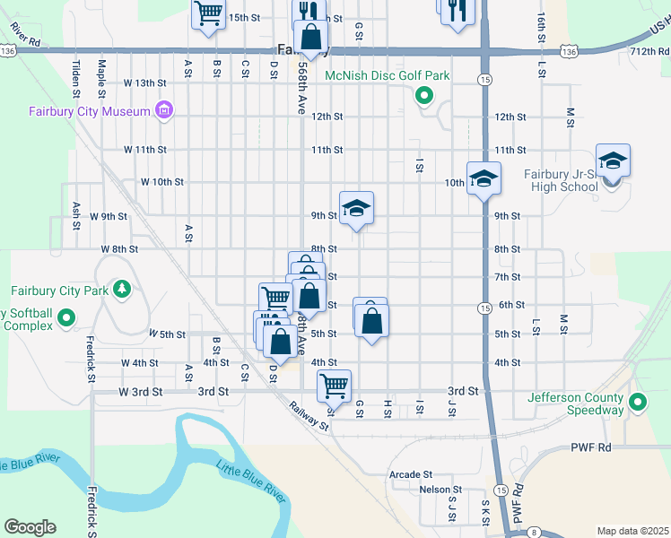 map of restaurants, bars, coffee shops, grocery stores, and more near 601 7th Street in Fairbury