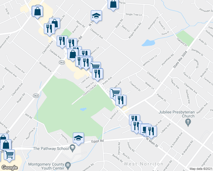 map of restaurants, bars, coffee shops, grocery stores, and more near 8 Potts Avenue in Eagleville