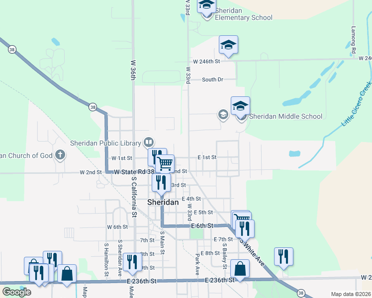 map of restaurants, bars, coffee shops, grocery stores, and more near 24130 Adams Street in Sheridan