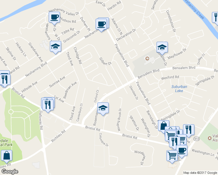 map of restaurants, bars, coffee shops, grocery stores, and more near 3321 Claridge Road in Bensalem