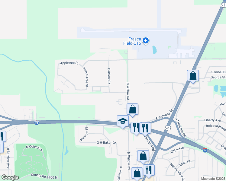 map of restaurants, bars, coffee shops, grocery stores, and more near 504 Beeson Road in Urbana