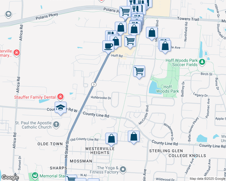 map of restaurants, bars, coffee shops, grocery stores, and more near 146 Maplebrooke Drive North in Westerville