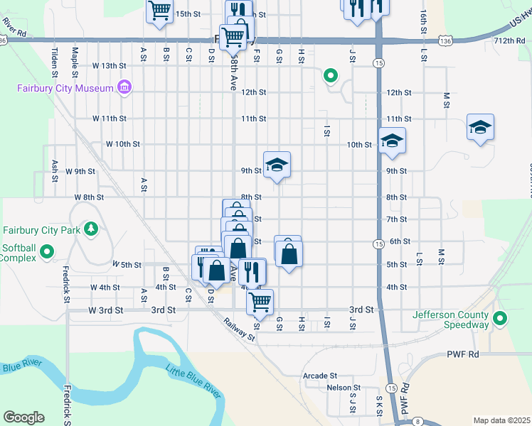 map of restaurants, bars, coffee shops, grocery stores, and more near 621 7th Street in Fairbury