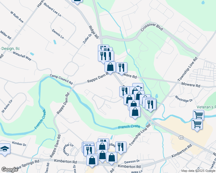 map of restaurants, bars, coffee shops, grocery stores, and more near 701 Donna Lane in Phoenixville