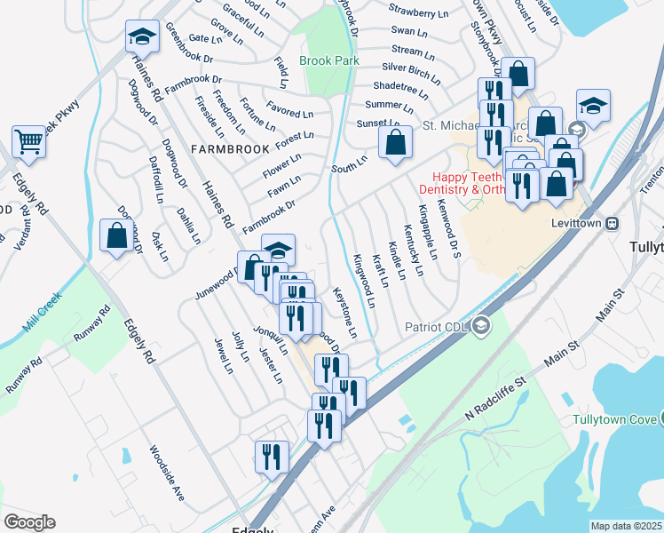 map of restaurants, bars, coffee shops, grocery stores, and more near 48 Kenwood Drive North in Levittown