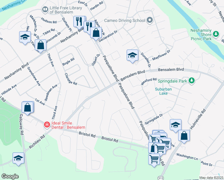 map of restaurants, bars, coffee shops, grocery stores, and more near 3307 Glendale Drive in Bucks County