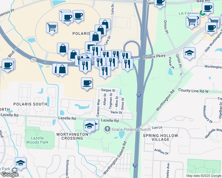 map of restaurants, bars, coffee shops, grocery stores, and more near 1530 Sargas Street in Columbus