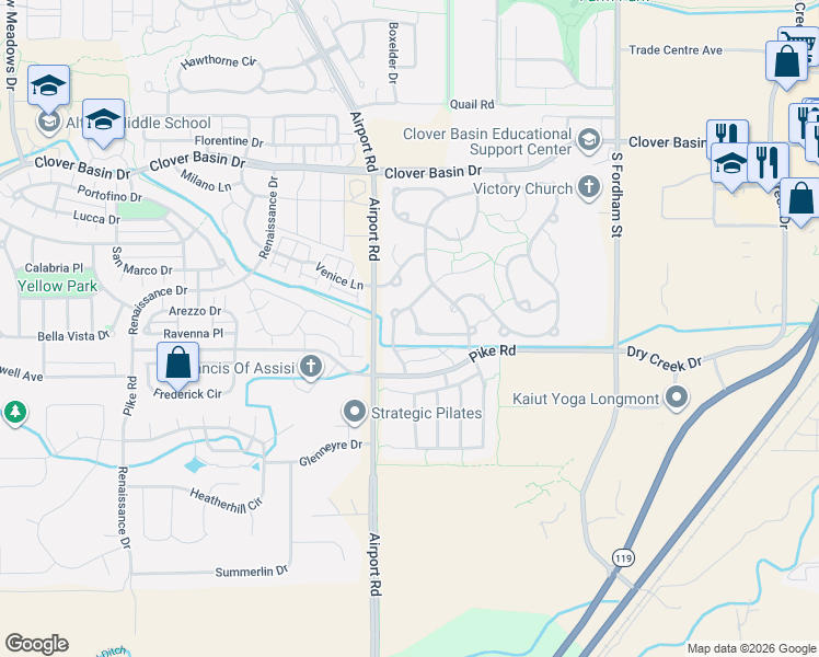 map of restaurants, bars, coffee shops, grocery stores, and more near 3651 Clover Creek Lane in Longmont