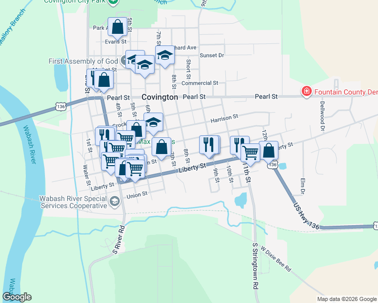 map of restaurants, bars, coffee shops, grocery stores, and more near 801 Washington Street in Covington