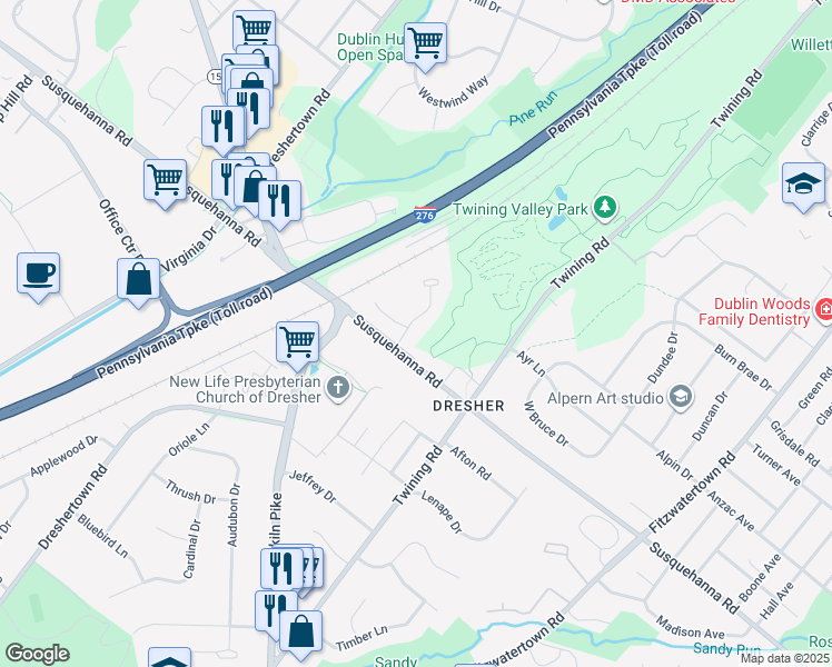 map of restaurants, bars, coffee shops, grocery stores, and more near 201 Brookdale Court in Dresher